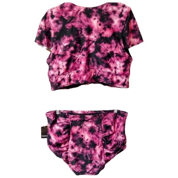 Torrid Plus Size Tie Dye Fuchsia & Black High Waist Ruched Two Piece SwimSuit3X - Picture 15 of 15